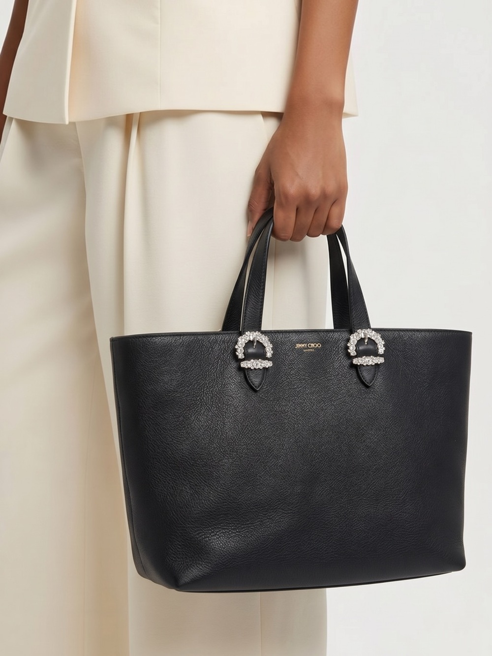 Jimmy Choo Black Leather Cheri Tote with Crystal Buckle Accents